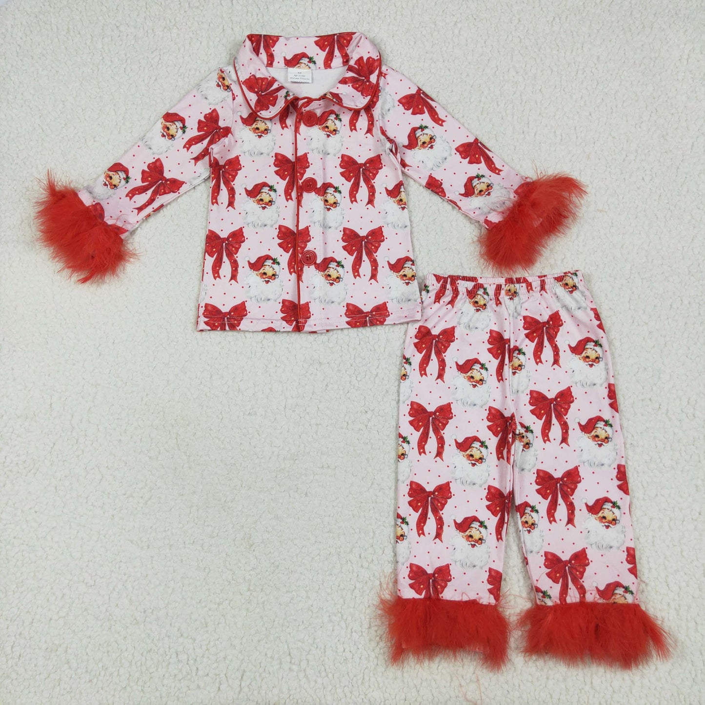 Sibling Baby Girls Red Bows Santa Christmas Zipper Footie Rompers Button Fur Pajamas Sets