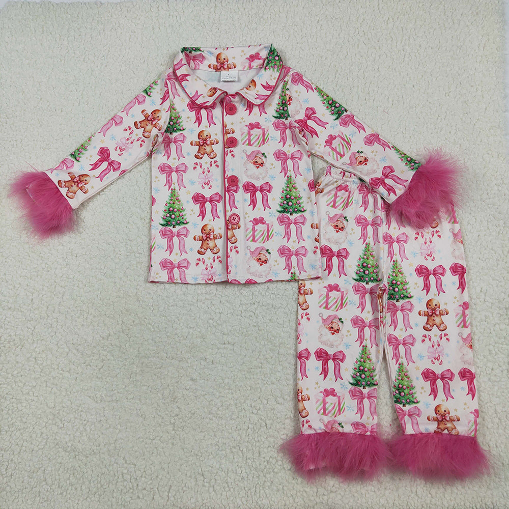 Sibling Baby Girls Christmas Fur Sleeve Bows Buttons Top Pants Pajamas Sets