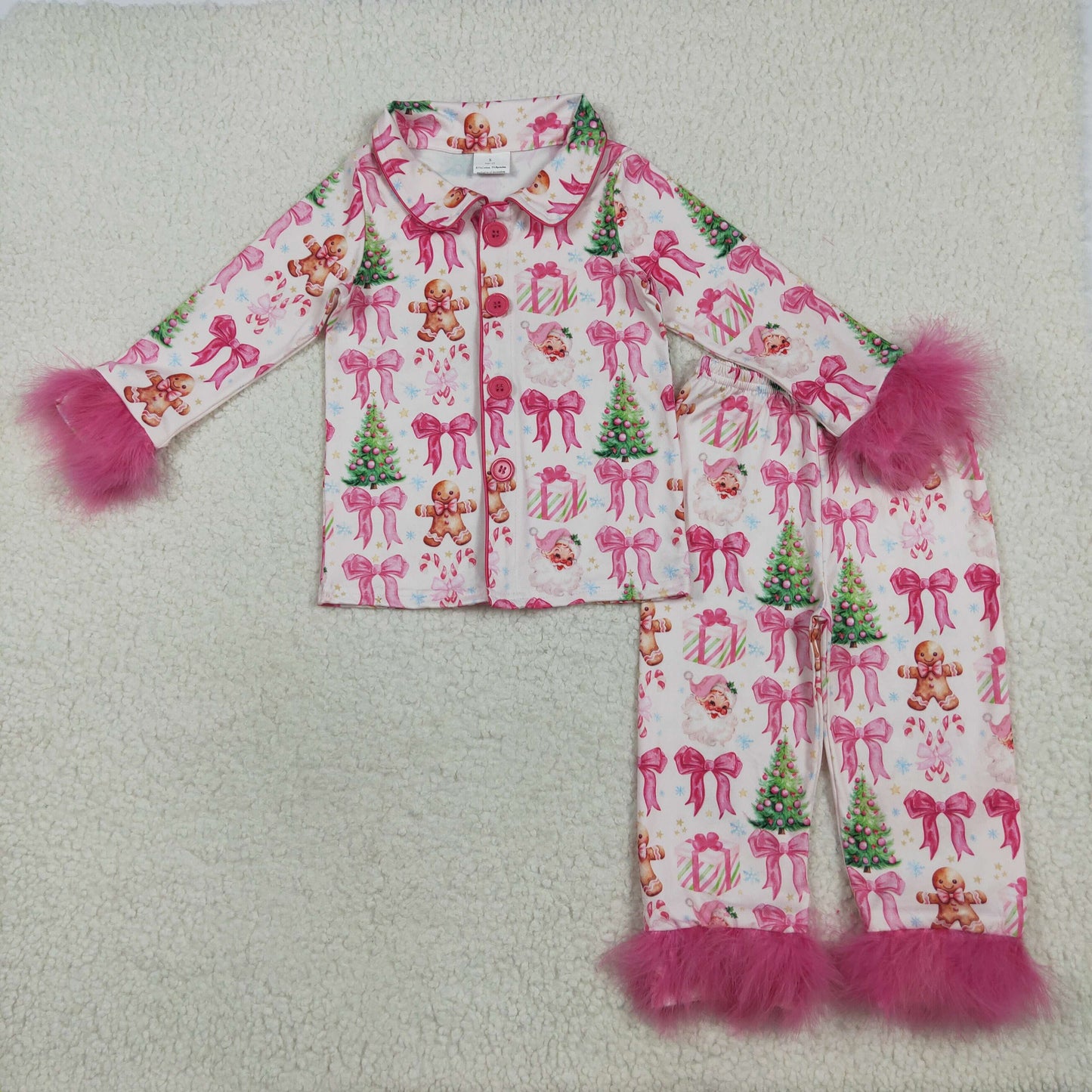 Sibling Baby Girls Sister Christmas Bows Santa Buttons Top Pants Fur Pajamas Clothes Sets
