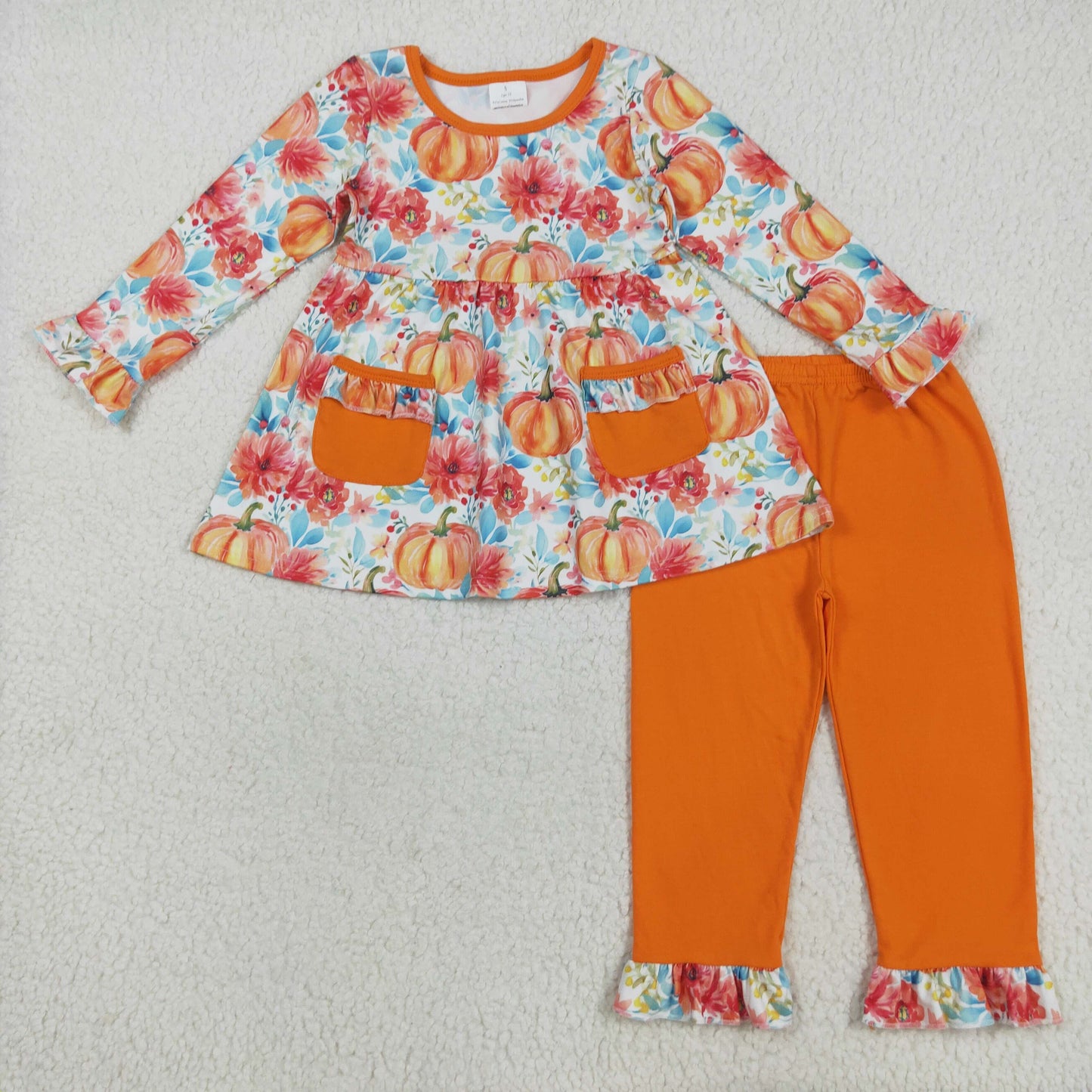 Sibling Baby Girls Flowers Pumpkins Button Pockets Tunic Ruffle Pants Fall Clothes Sets