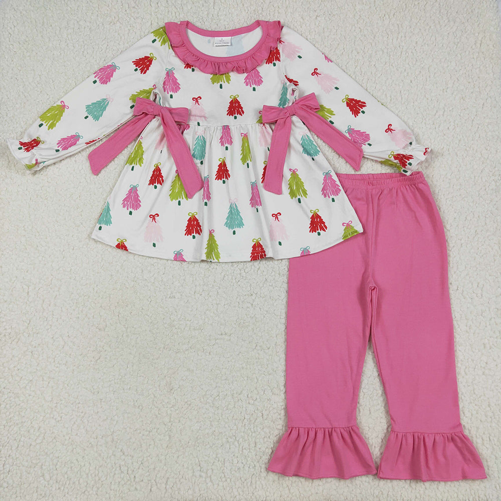 Sibling Baby Girls Christmas Bows Trees Rompers Outfits Sets
