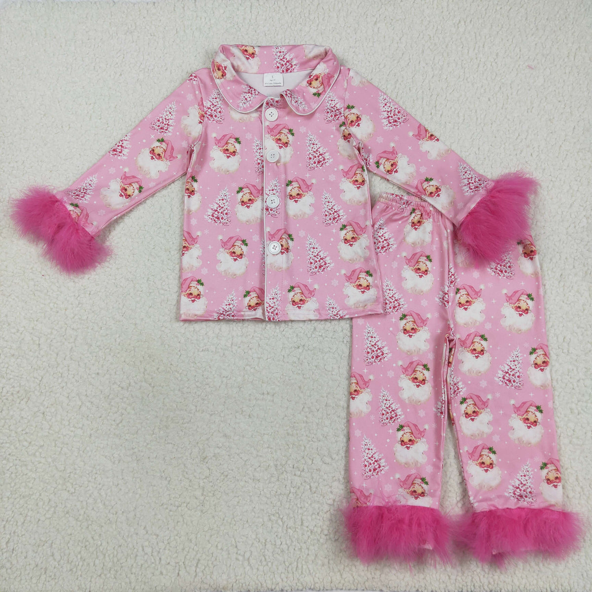 Sibling Baby Girls Long Sleeve Christmas Button Top Pant Fur Sleeves Pajamas Clothes Sets