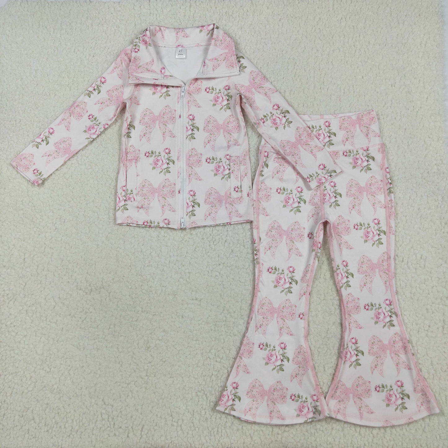 Sibling Baby Girls Long Sleeve Zipper Pockets Jackets Bell Bottom Pants Yoga Active Clothes Sets