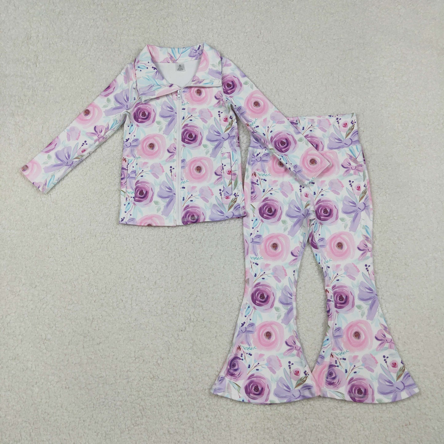 Sibling Baby Girls Long Sleeve Zipper Pockets Jackets Bell Bottom Pants Yoga Active Clothes Sets
