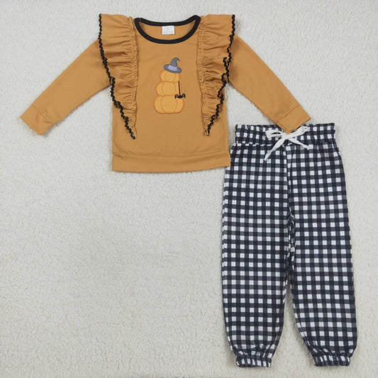 GLP2445 Baby Girls Embroidery Magic Hats Pumpkins Top Checked Joggers Halloween Clothes Sets