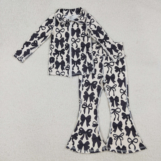 GLP2457 Baby Girls Black Bows Plaid Zipper Jacket Bell Bottom Pants Yoga Active Clothes Sets