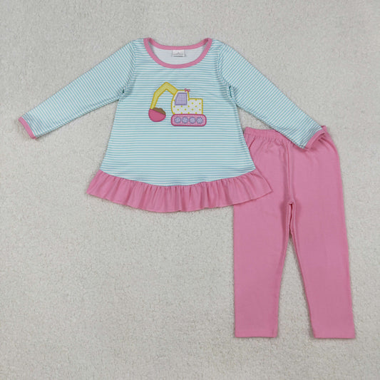 GLP2466 Baby Girls Embroidery Excavators Tunic Legging Pants Clothes Sets