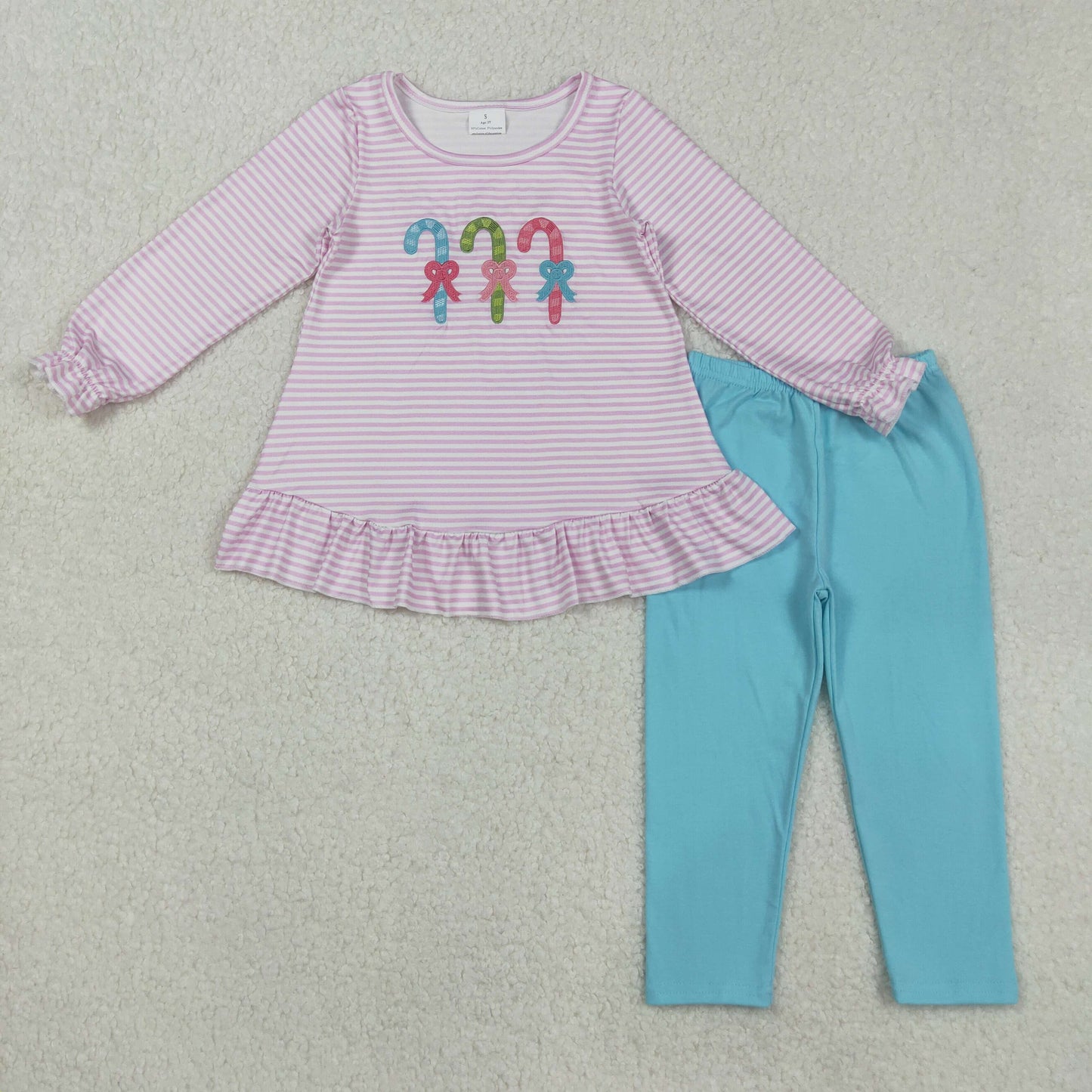 Sibling Baby Girls Embroidery Santa Nativity Candy Cane Lights Tunic Pants Christmas Clothes Sets