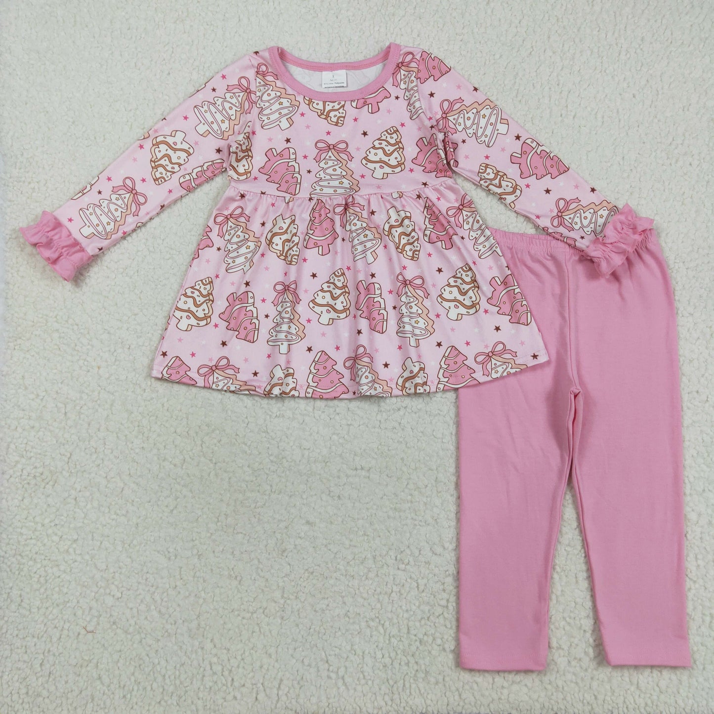 GLP2471 Baby Girls Long Ruffle Sleeve Stripe Trees Stars Tunic Leggings Christmas Clothes Set