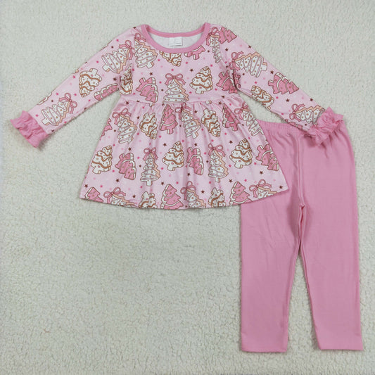 GLP2471 Baby Girls Long Ruffle Sleeve Stripe Trees Stars Tunic Leggings Christmas Clothes Set
