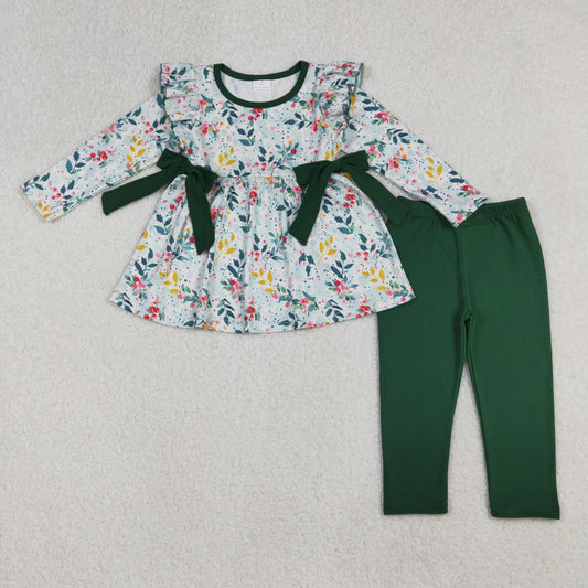 GLP2476 Baby Girls Green Floral Bows Tunic Leggings Pant Clothes Sets