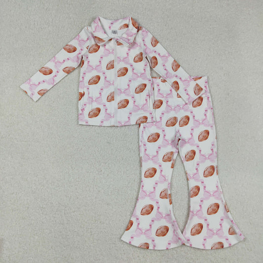 GLP2499 Baby Girls Bows Footballs Checked Zipper Jacket Bell Bottom Pants Yoga Active Clothes Sets