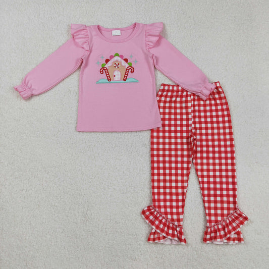 GLP2523 Baby Girls Embroidery Candy Cane House Top Ruffle Checked Pants Christmas Clothes Sets