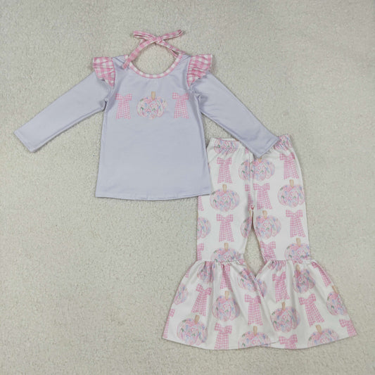 GLP2532 Baby Girls Bows Floral Pumpkins Top Bell Bottom Pants Fall Clothes Sets