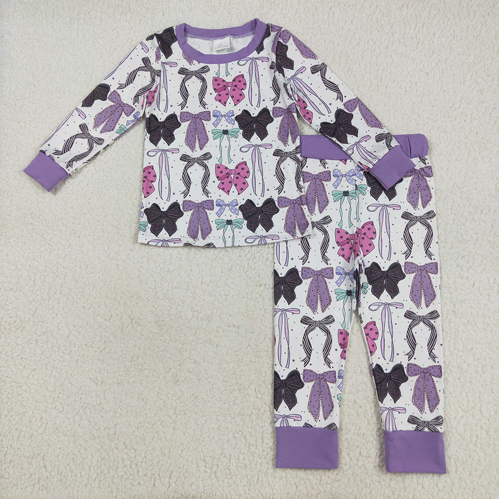 Sibling Baby Girls Purple Bows Pajamas Rompers Outfits Sets