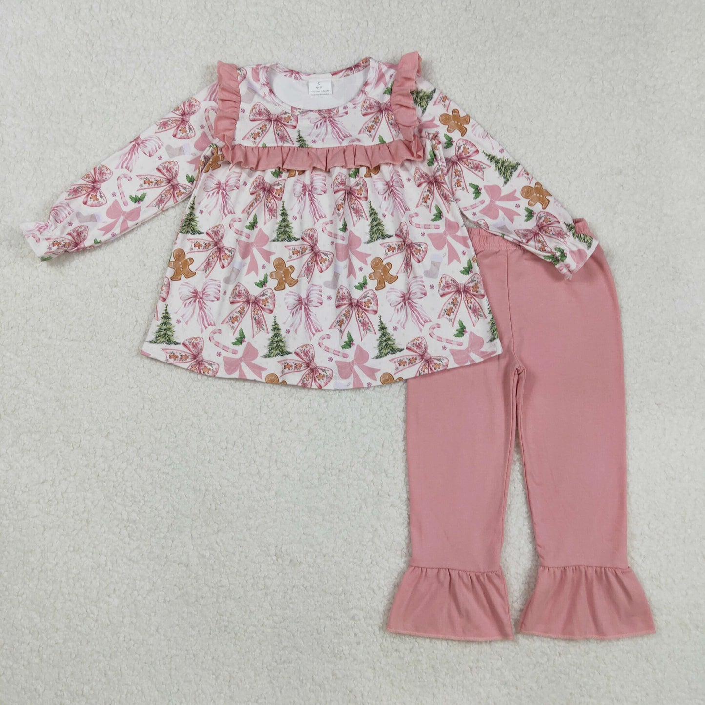 GLP2541 Baby Girls Long Sleeve Gingerbread Bows Tunic Ruffle Pants Christmas Clothes Set