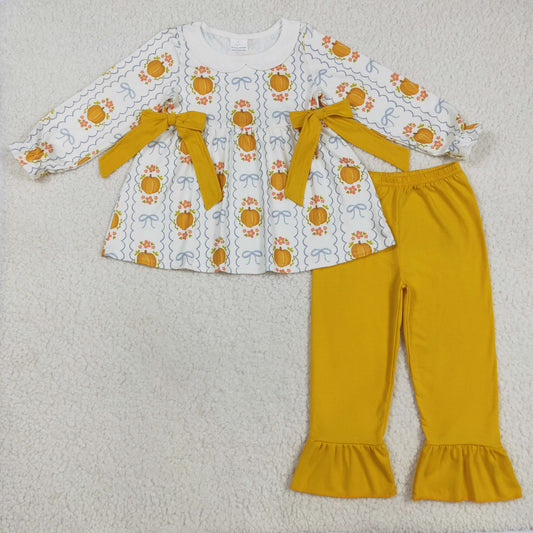 GLP2554 Baby Girls Pumpkins Bows Stripe Tunic Ruffle Pants Fall Clothes Sets