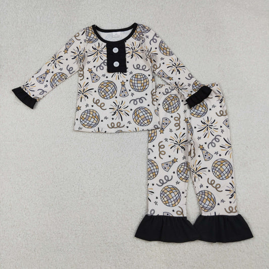 GLP2563 Baby Girls Firework Stars Button Top Ruffle Pants Happy New Year Pajamas Sets