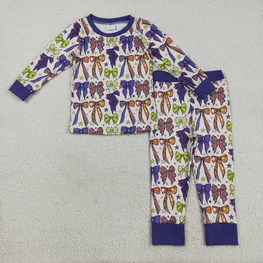 GLP2566 Baby Girls Purple Green Orange Bows Stars Top Pants Halloween Pajamas Sets