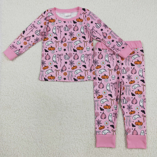 GLP2567 Baby Girls Pink Bows Ghosts Pumpkins Top Pants Halloween Pajamas Sets