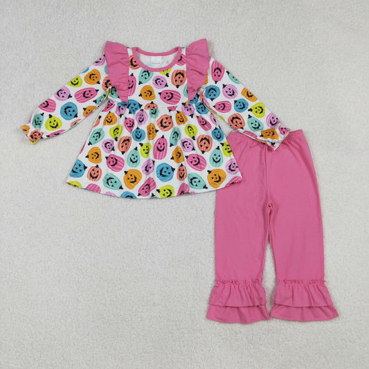 GLP2569 Baby Girls Long Sleeve Colorful Ghost Pumpkins Tunic Ruffle Pants Halloween Clothes Set