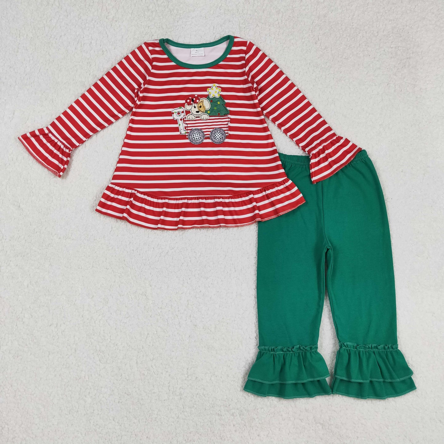 GLP2580 Baby Girls Embroidery Dogs Trees Truck Tunic Ruffle Pants Christmas Clothes Sets