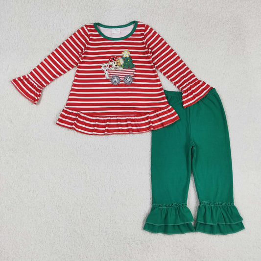 GLP2580 Baby Girls Embroidery Dogs Trees Truck Tunic Ruffle Pants Christmas Clothes Sets