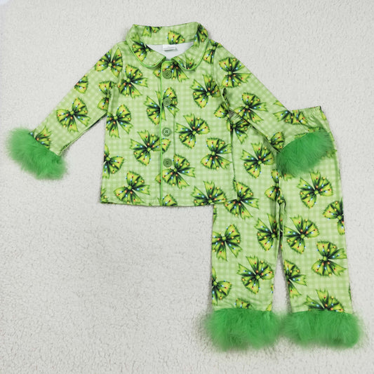 GLP2581 Baby Girls Green Bows Checked Button Top Pants Fur Sleeve Christmas Pajamas Sets