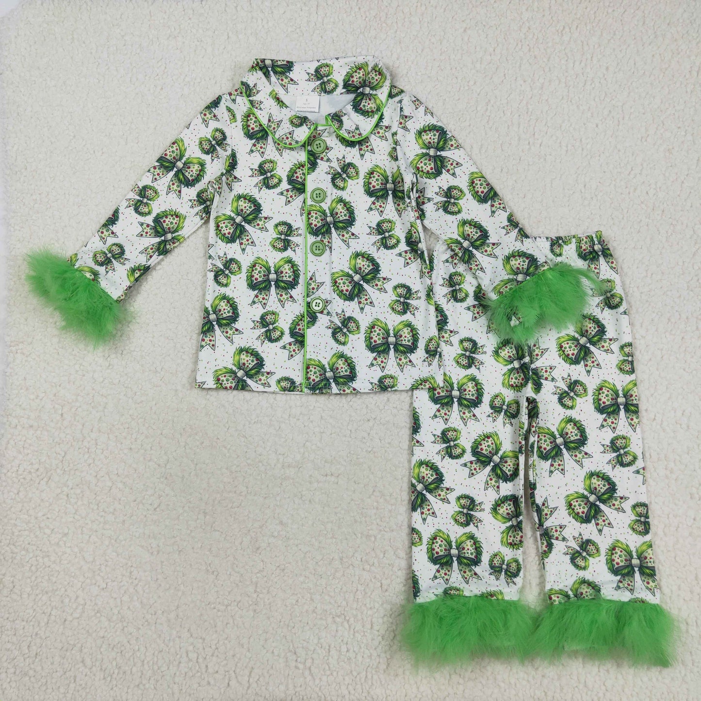 Sibling Baby Girls Sister Christmas Green Face Bows Buttons Top Pants Fur Pajamas Clothes Sets