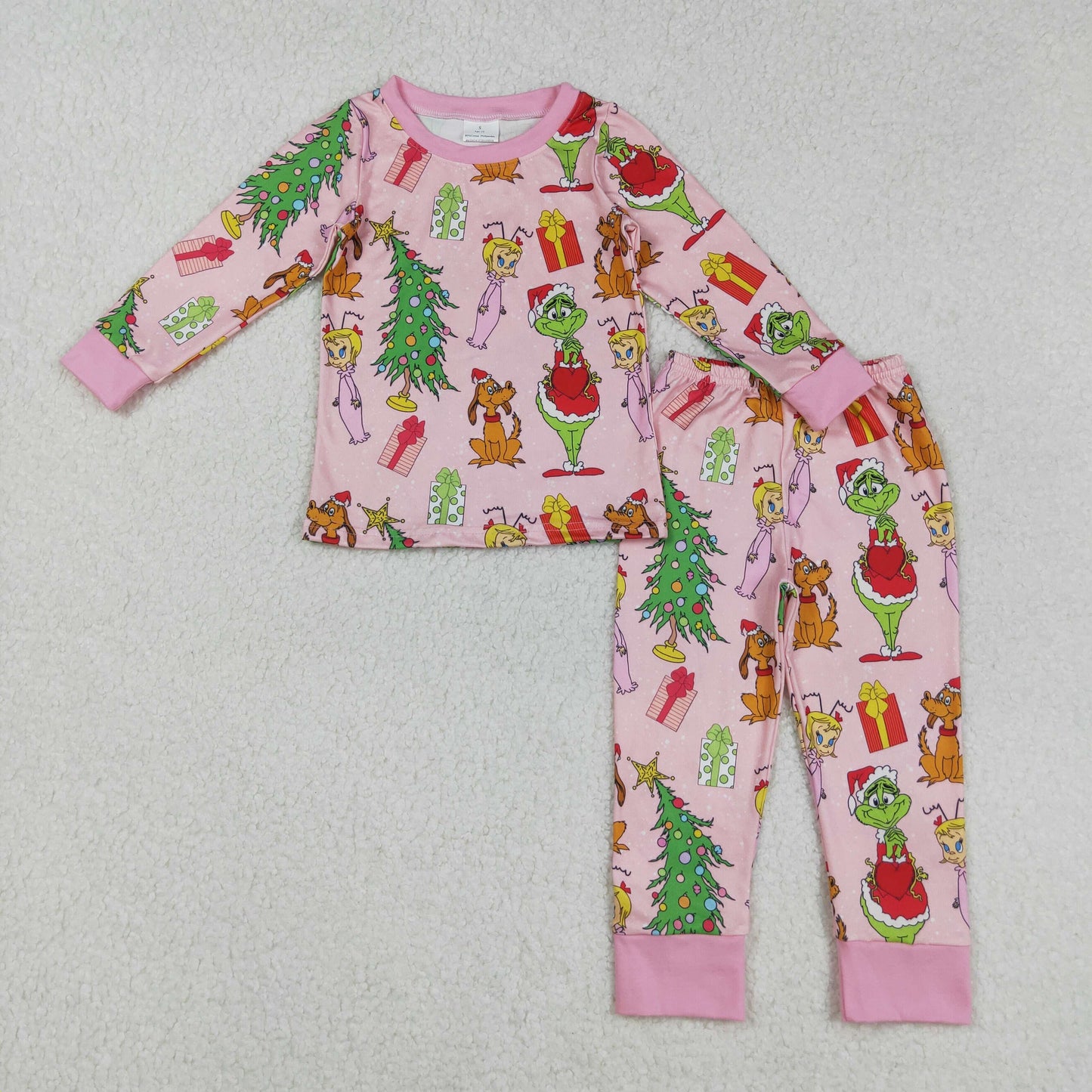 GLP2591 Baby Girls Pink Gifts Dogs Green Faces Trees Top Pants Christmas Pajamas Sets