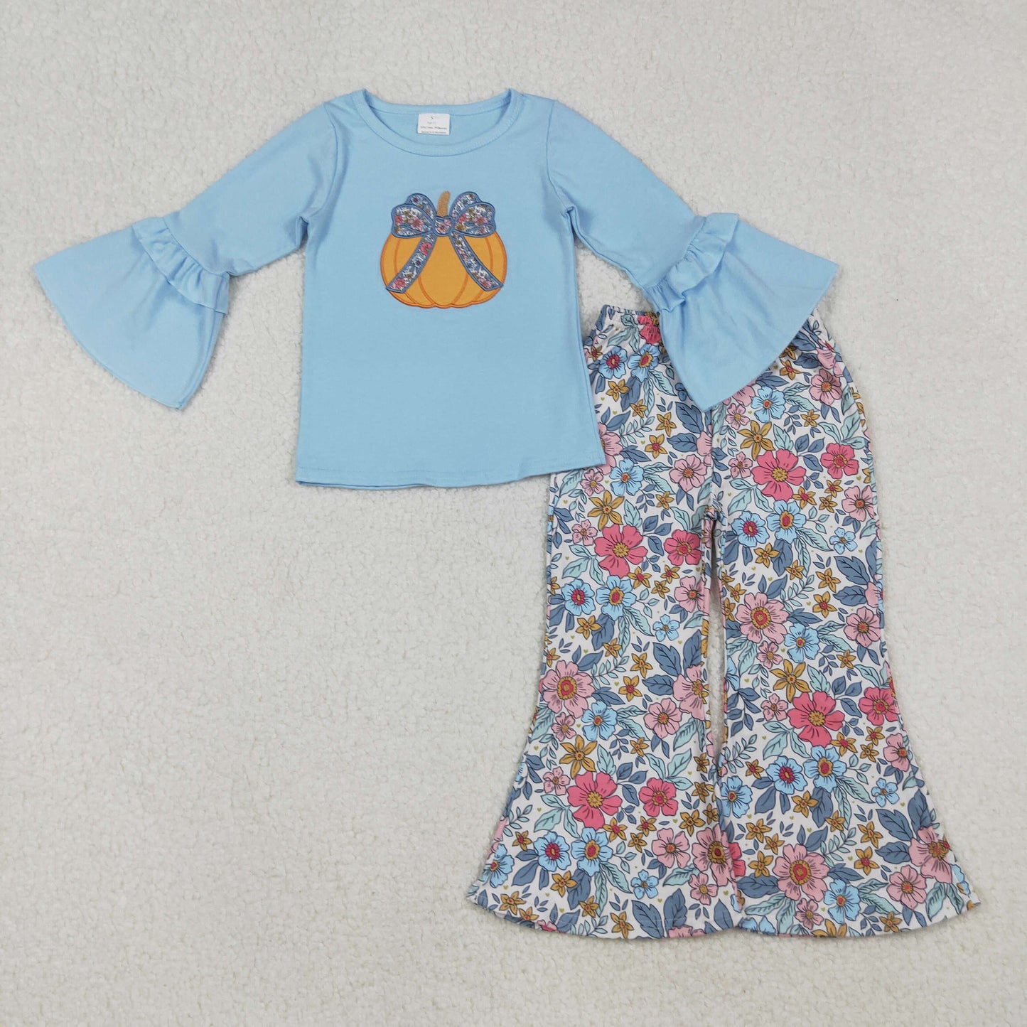 GLP2596 Baby Girls Embroidery Floral Bow Pumpkins Top Bell Bottom Pants Fall Clothes Sets