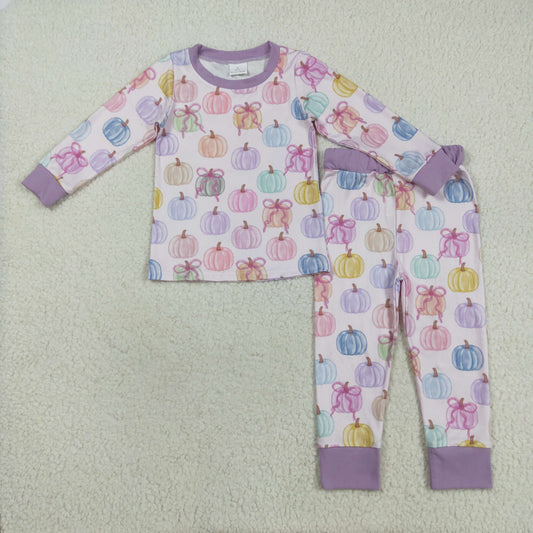 GLP2597 Baby Girls Pink Blue Lavender Bows Pumpkins Top Pants Fall Pajamas Sets