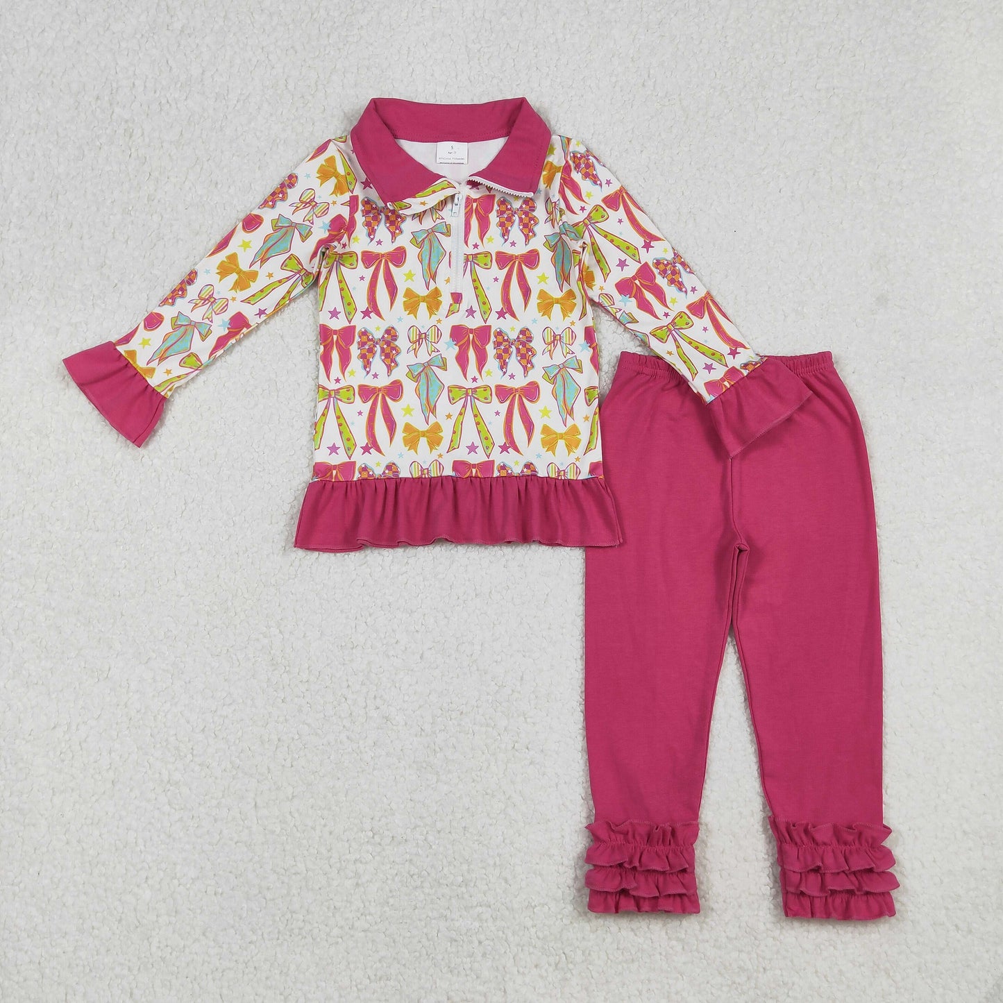 GLP2616 Baby Girls Colorful Bows Stars Plaid Zipper Pullover Ruffle Pants Clothes Sets