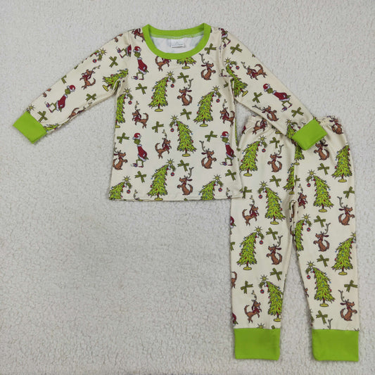 GLP2627 Baby Girls Green Faces Dogs Trees Top Pants Christmas Pajamas Sets