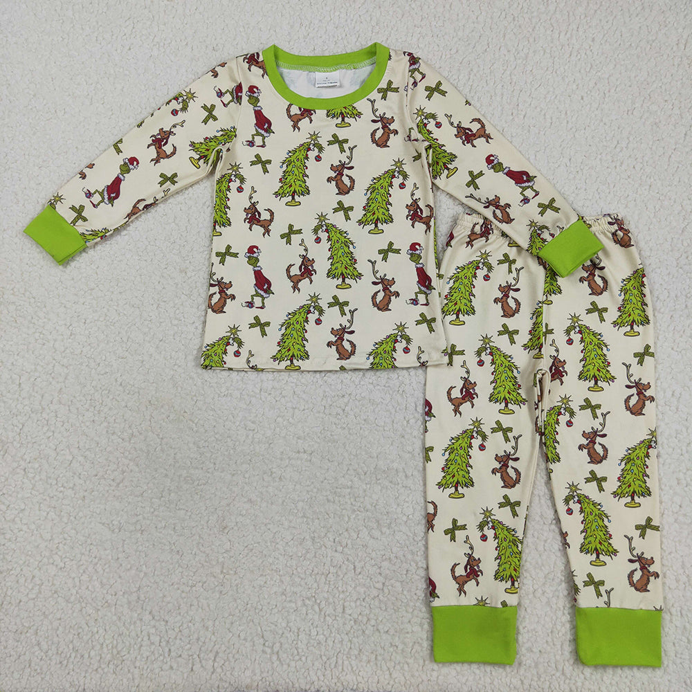 Sibling Baby Kids Green Face Christmas Trees Pajams Sets Zipper Footie Rompers