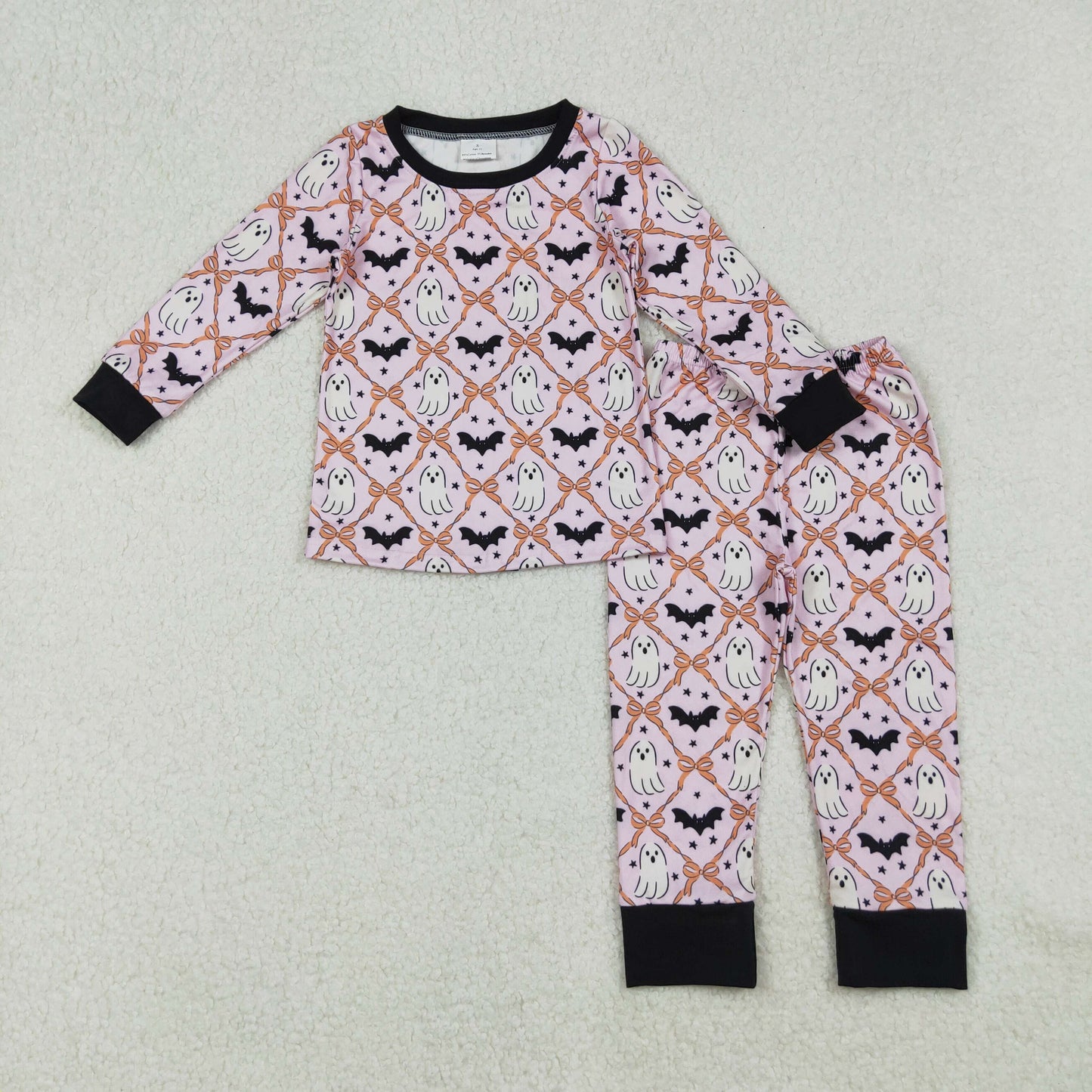 GLP2639 Baby Girls Bats Ghosts Checked Top Pants Halloween Pajamas Sets