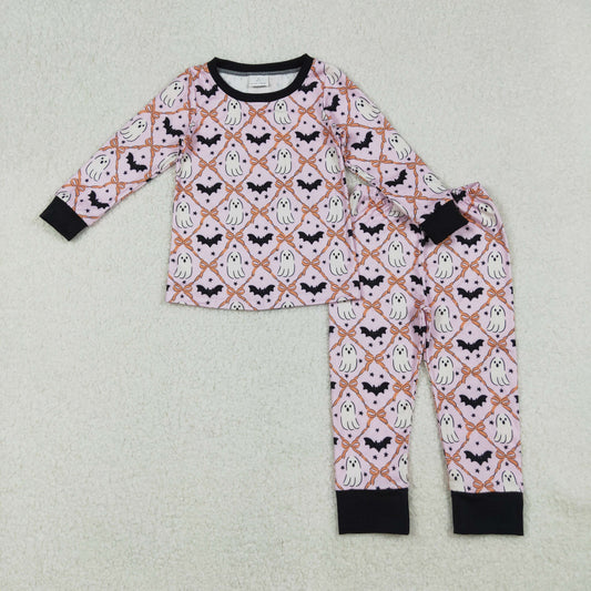 GLP2639 Baby Girls Bats Ghosts Checked Top Pants Halloween Pajamas Sets