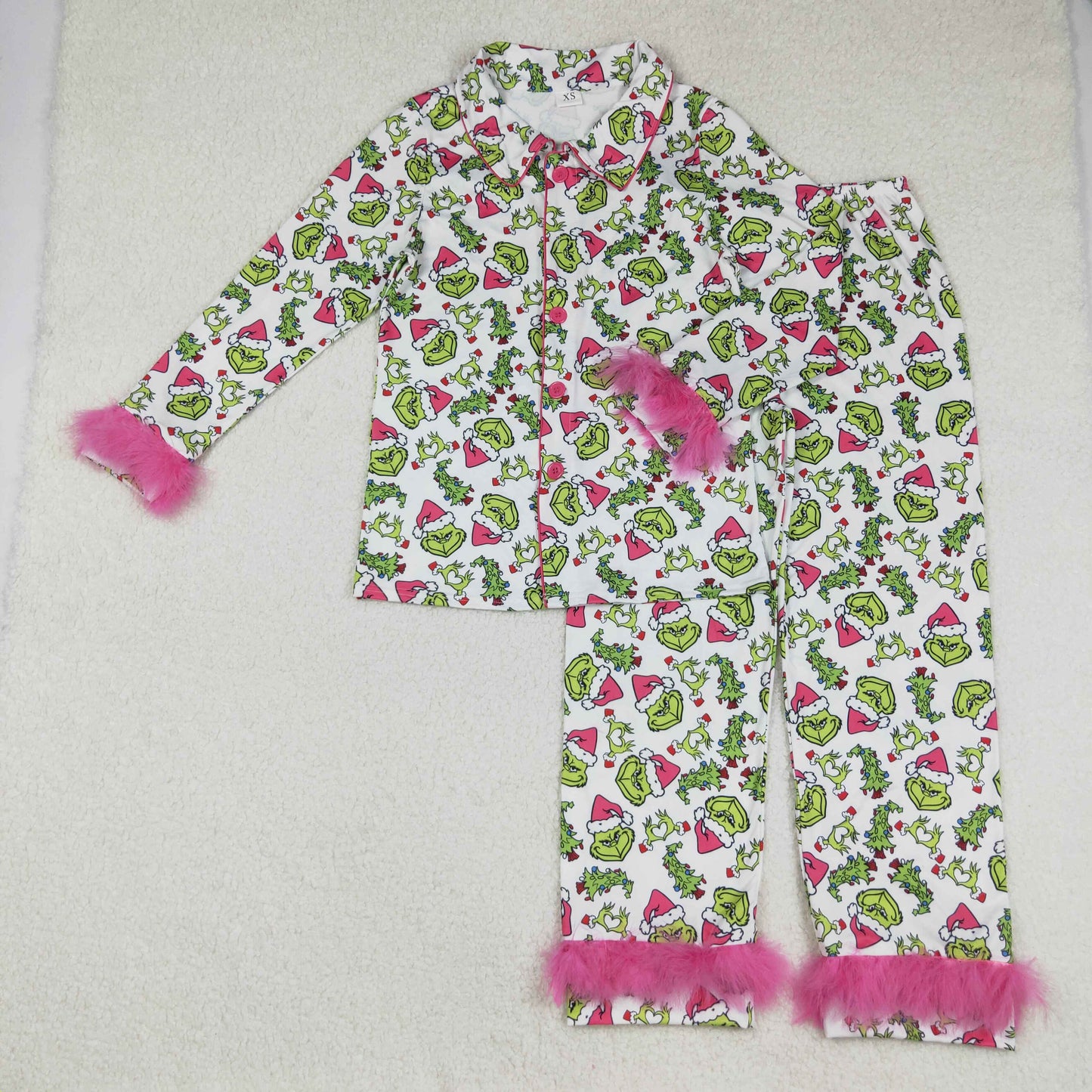 Sibling Adult Women Grin Santa Button Up Top Pants Fur Sleeve Christmas Pajamas Sets