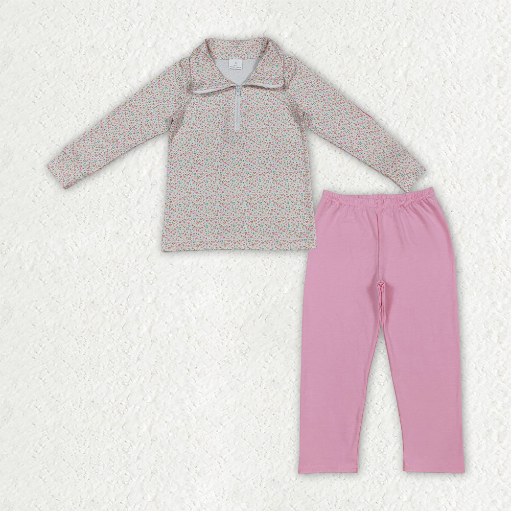 GLP2666 Baby Girls Pink Small Flowers Zip Pullovers Leggings Fall Clothes Sets
