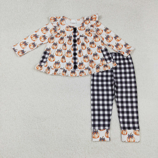 GLP2692 Baby Girls Bows Pumpkins Button Pockets Tunic Leggings Pant Fall Clothes Sets
