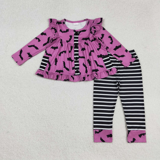 GLP2693 Baby Girls Bats Button Pockets Tunic Stripe Leggings Pant Halloween Clothes Sets