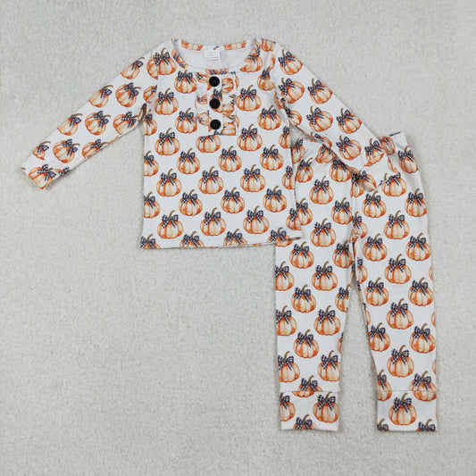 GLP2700 Baby Girls Black Checked Bows Pumpkins Top Pants Fall Pajamas Sets