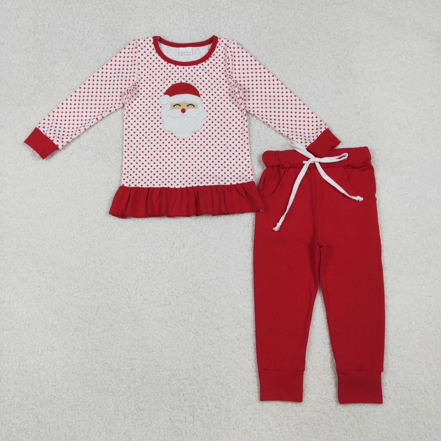 GLP2708 Baby Girls Embroidery Santa Polka Dots Top Pockets Pant Christmas Clothes Sets