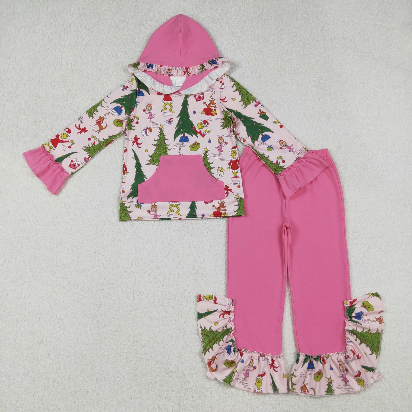 Sibling Baby Girls Pink Lights Grin Plaid Pocket Hoodies Ruffle Bell Pants Christmas Clothes Sets