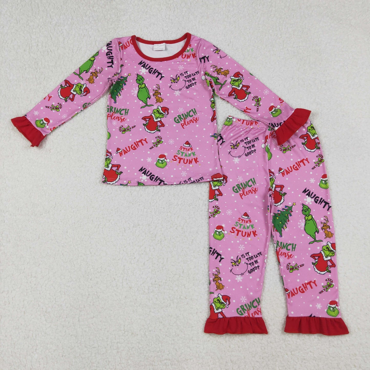 GLP2710 Baby Girls Trees Grin Candy Cane Top Ruffle Pants Christmas Hot Pink Pajamas Sets