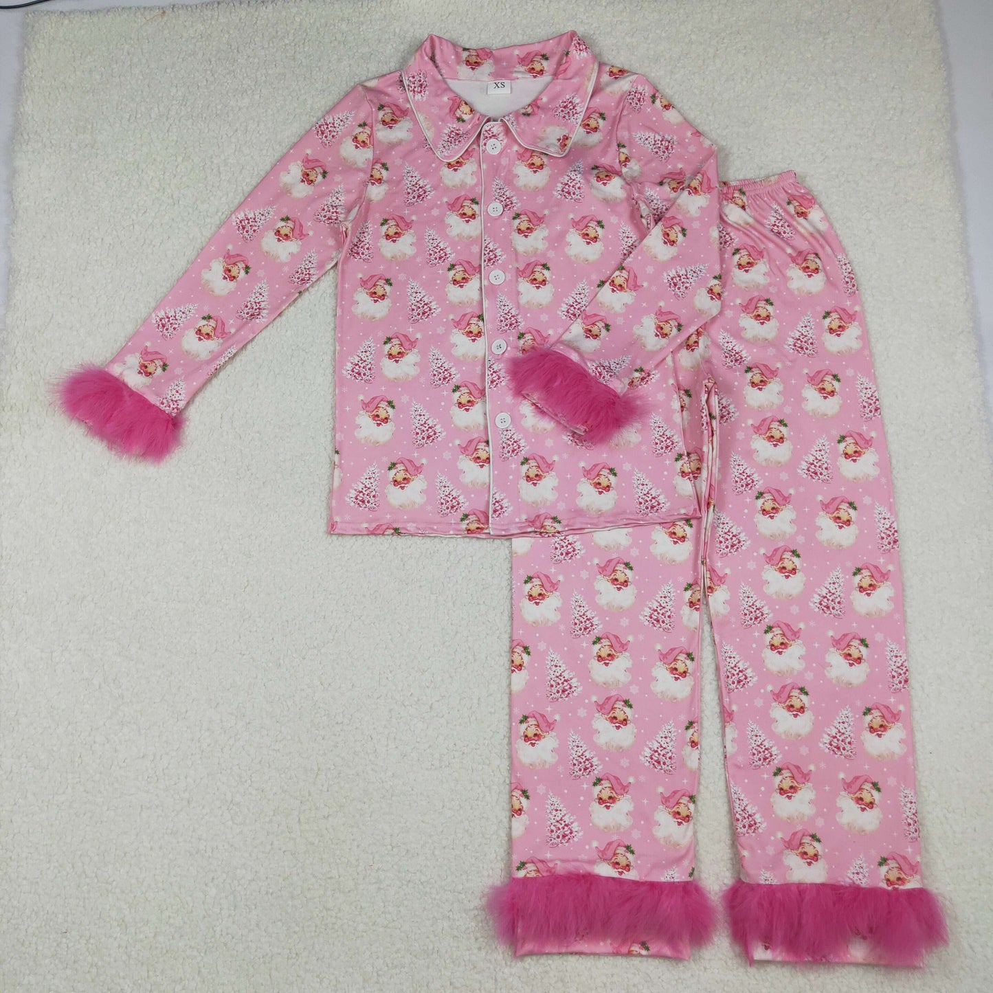 Mama and Me Pink Trees Santa Button Top Pants Christmas Fur Sleeve Pajamas Sets