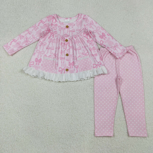 GLP2723 Baby Girls Pink Bows Button Pockets Tunic Polka Dots Leggings Valentine Clothes Sets