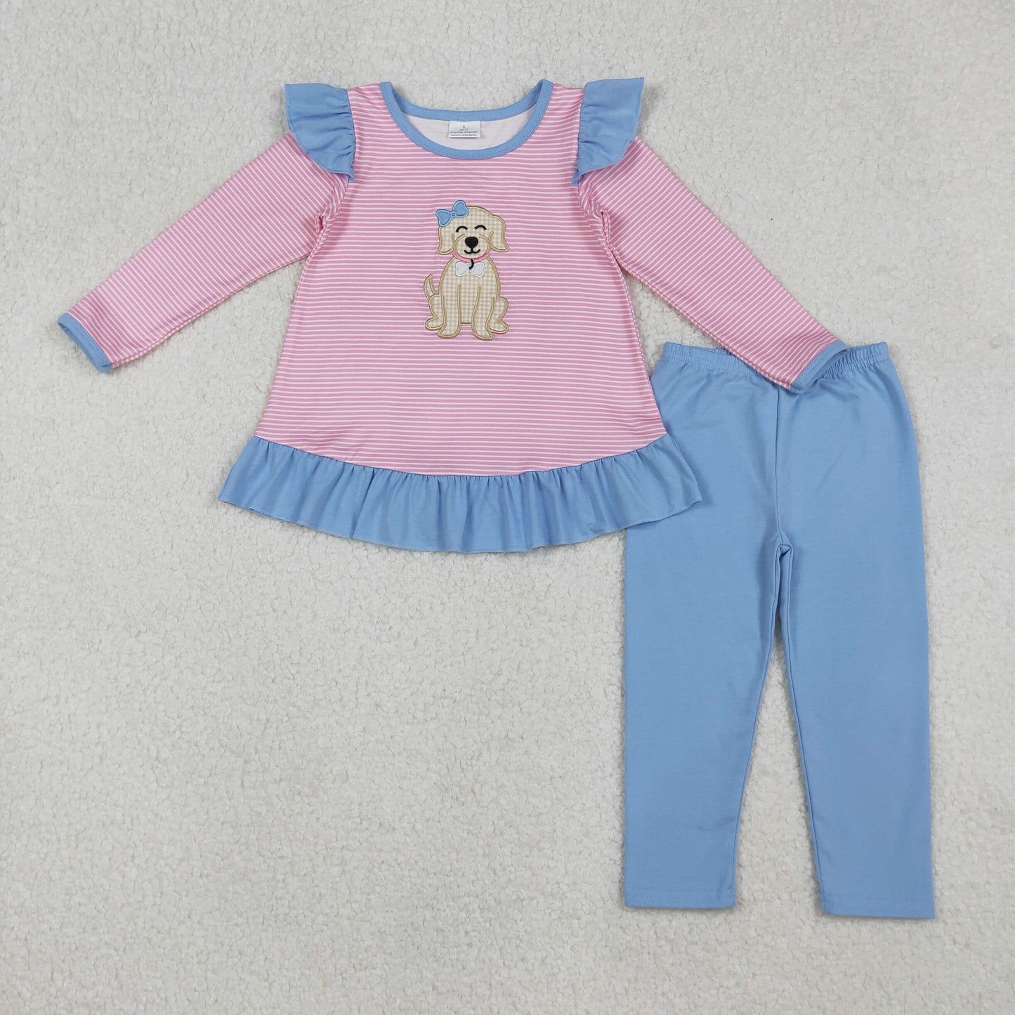 GLP2725 Baby Girls Embroidery Bow Dogs Stripe Tunic Leggings Pant Valentine Clothes Sets