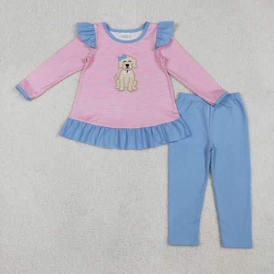 GLP2725 Baby Girls Embroidery Bow Dogs Stripe Tunic Leggings Pant Valentine Clothes Sets