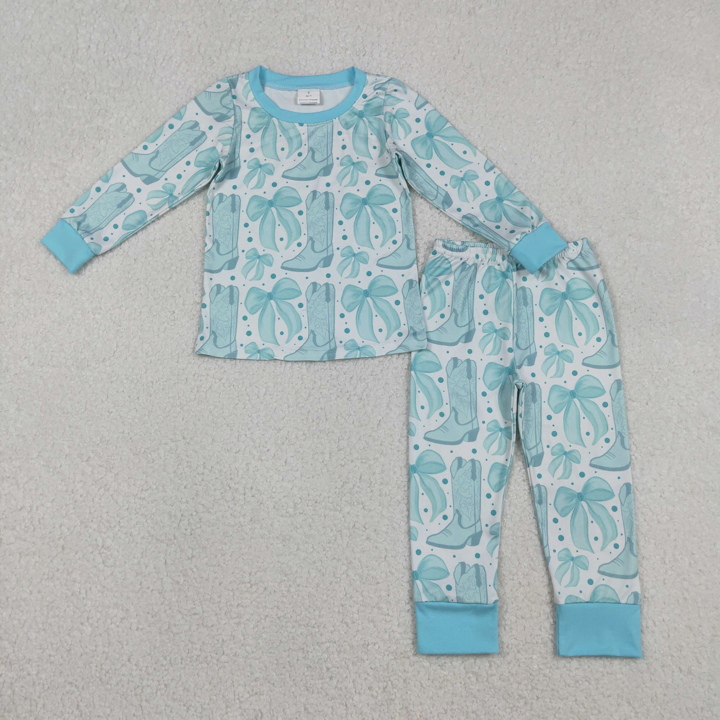 GLP2732 Baby Girls Light Blue Bows Boots Top Pants Western Pajamas Sets
